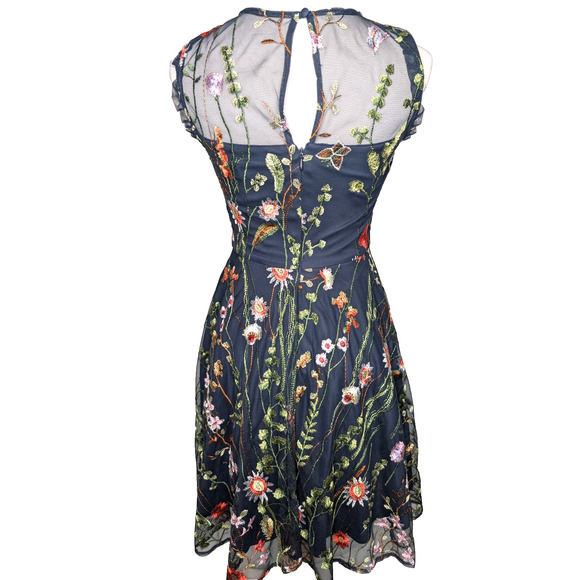 Morgan & Co Navy Lace Floral Embroidered Illusion Garden Fairy Short Formal Gown - Picture 13 of 16